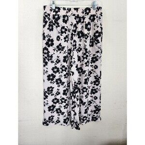 Grecerelle Womens Wide Leg Pants XL Beige Black Floral Pull On Elastic Waist